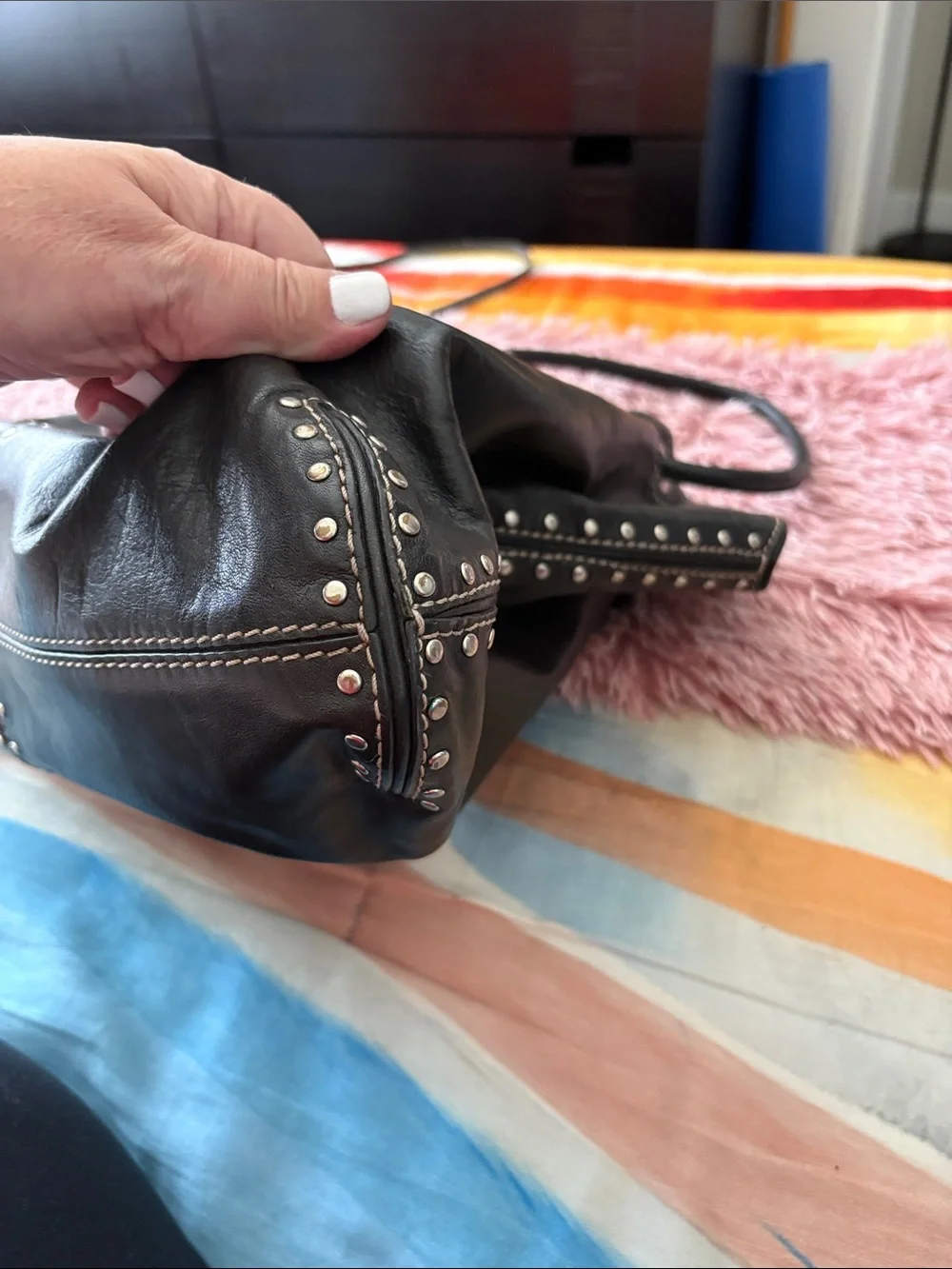 Michael Kors Black Leather Studded Drawstring Tote - Picture 12 of 13